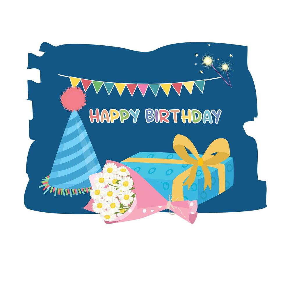Birthday set. Birthday element clipart. Gift box, present, party hat, flower bouquet. Flat in cartoon style isolated on dark background. vector