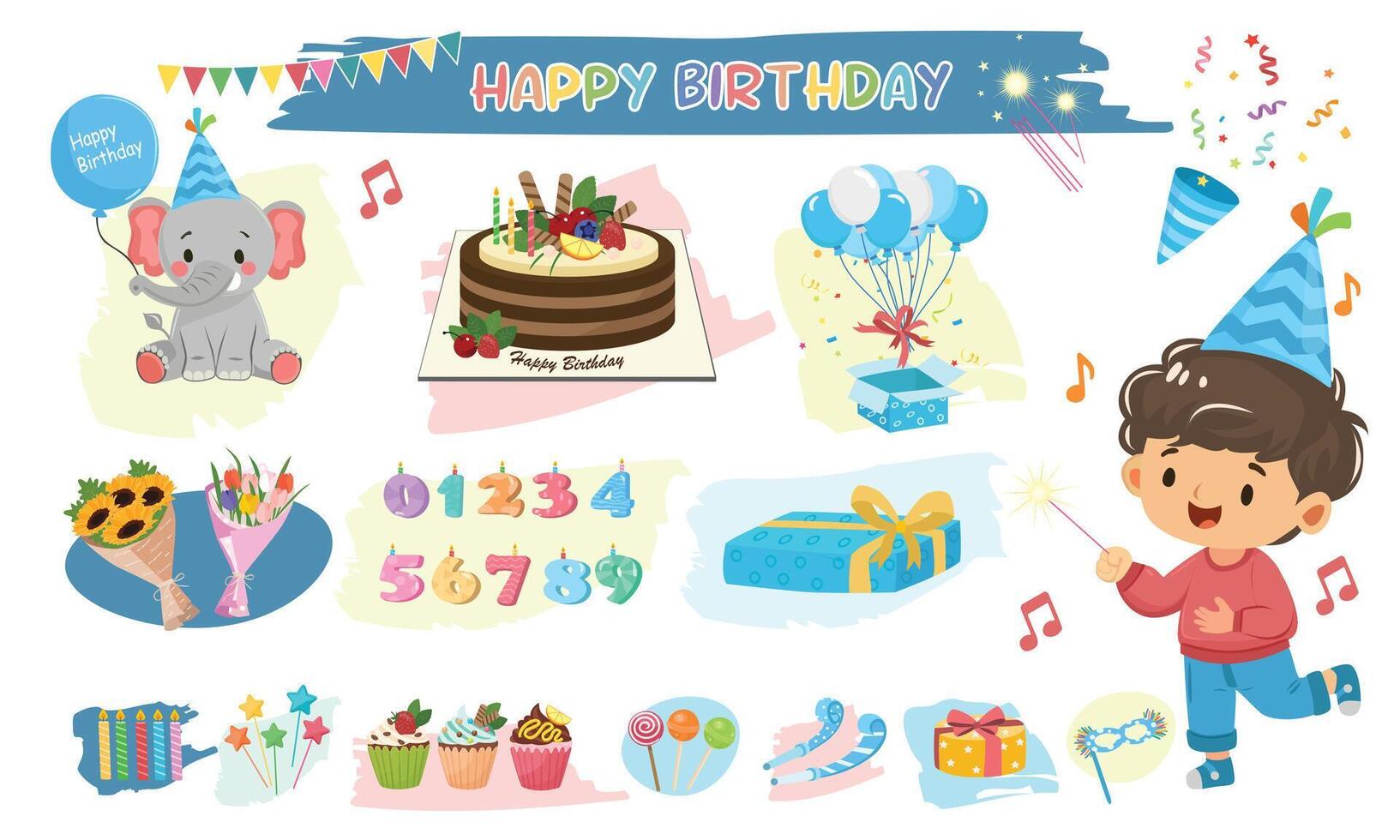 Birthday set. Birthday element. Happy birthday. Birthday cake, flower, gift, present, candle, cupcake. conffeti, Flat in cartoon style isolated on white background. vector
