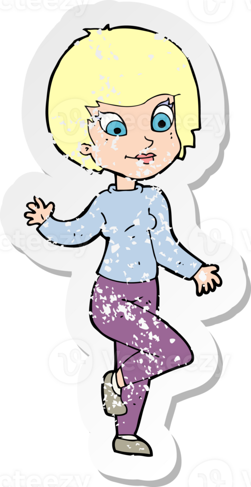 retro distressed sticker of a cartoon woman waving drawing png