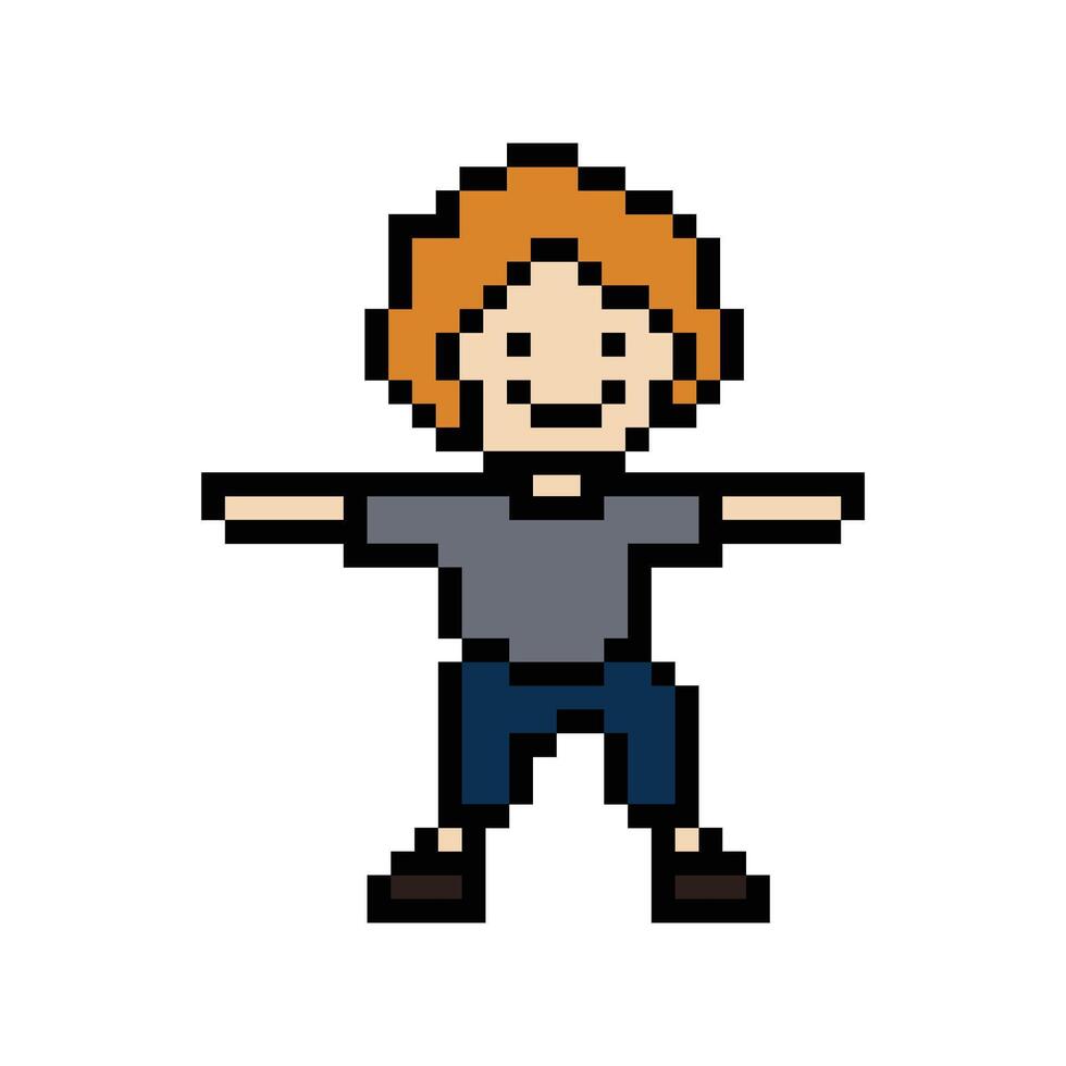 Cute pixel cartoon 8bit character man exercises training dance lifestyle decoration life style 8 bit male boy dance with music game fitness isolated. vector