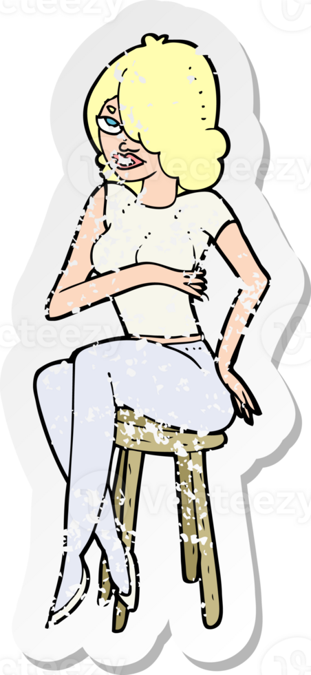 retro distressed sticker of a cartoon woman sitting on bar stool drawing png