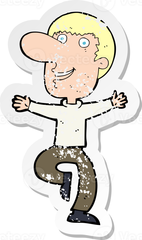 retro distressed sticker of a cartoon happy man drawing png
