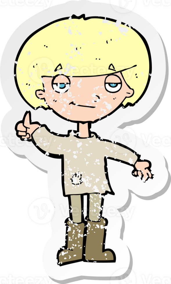 retro distressed sticker of a cartoon boy in poor clothing giving thumbs up symbol drawing png