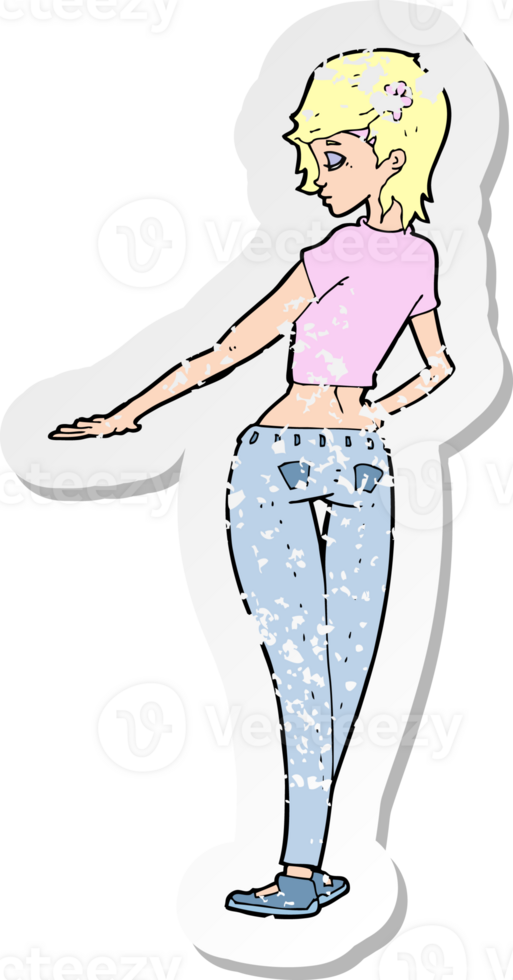 retro distressed sticker of a cartoon pretty girl in jeans and tee drawing png