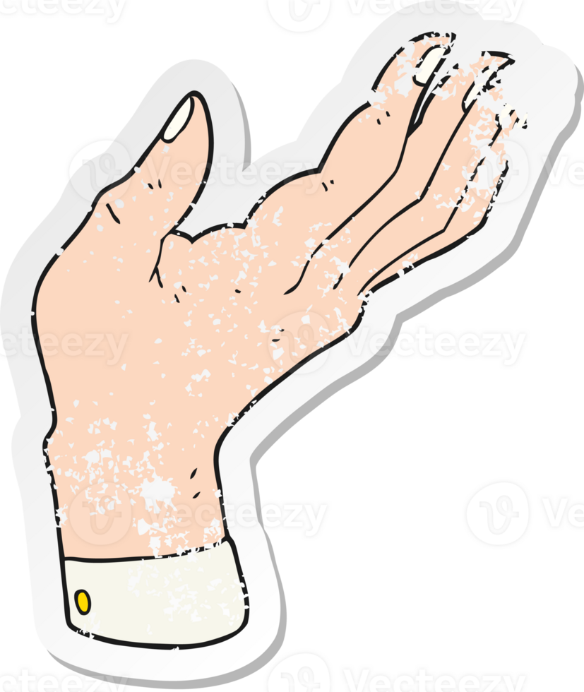 retro distressed sticker of a cartoon open hand raised palm up drawing png