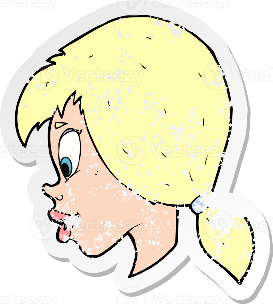 retro distressed sticker of a cartoon pretty female face drawing png