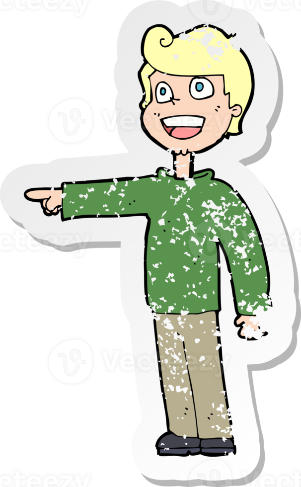retro distressed sticker of a cartoon man pointing and laughing drawing png