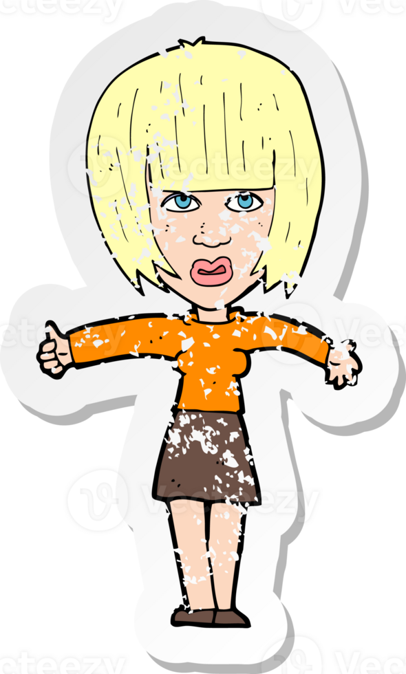 retro distressed sticker of a cartoon annoyed woman drawing png