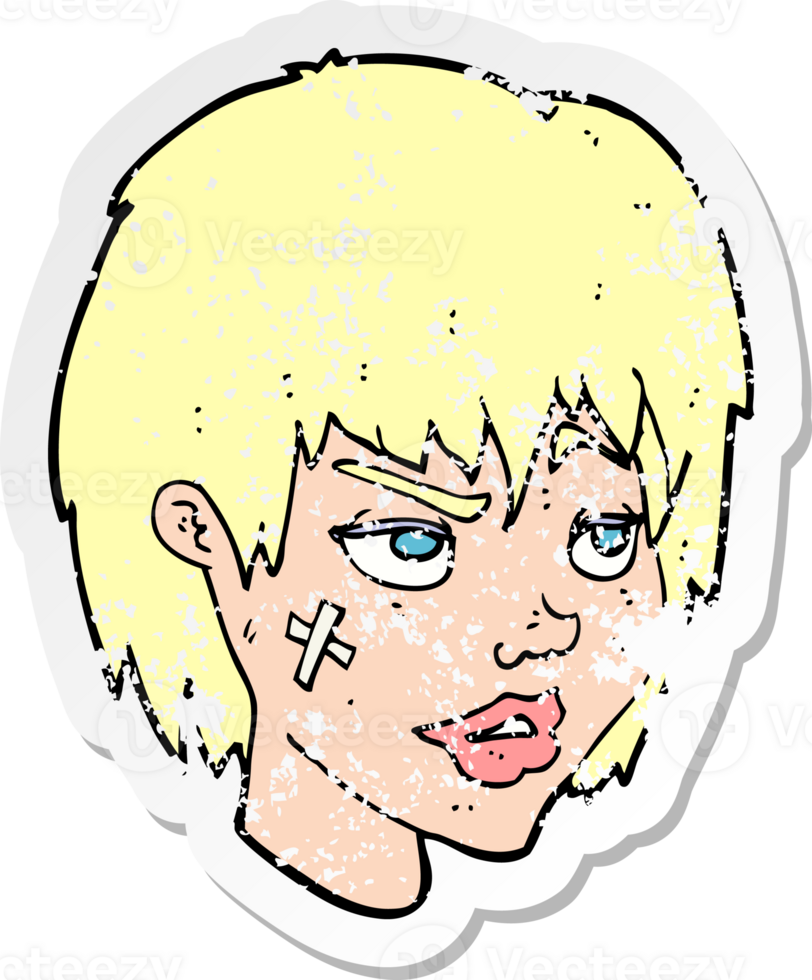 retro distressed sticker of a cartoon woman with plaster on face drawing png