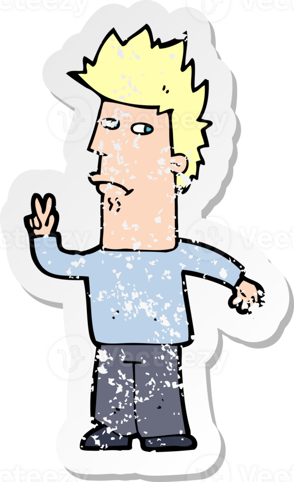 retro distressed sticker of a cartoon man giving peace sign drawing png