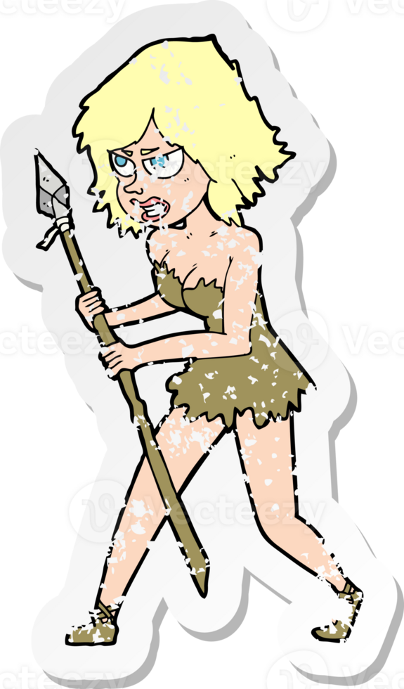 retro distressed sticker of a cartoon cave girl drawing png