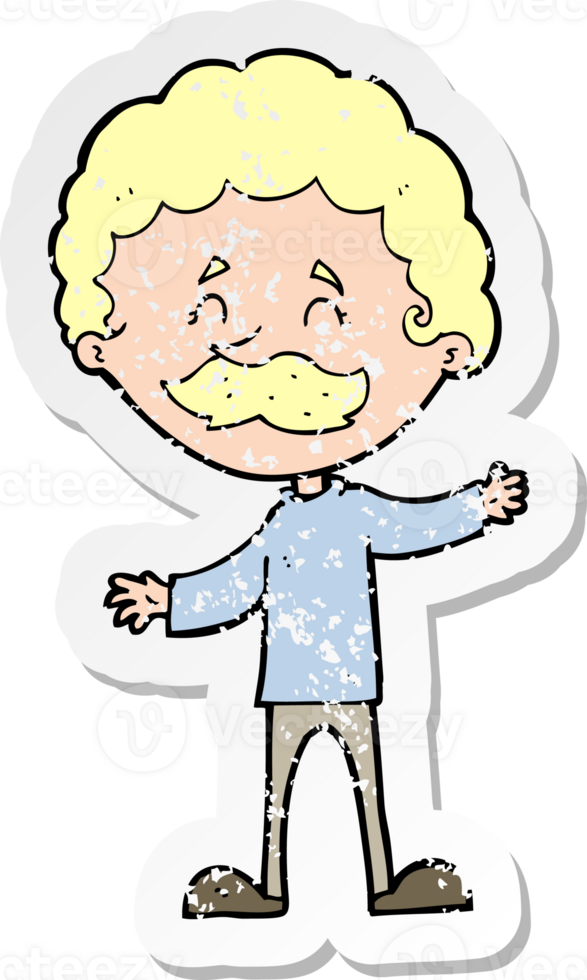 retro distressed sticker of a cartoon happy man with mustache drawing png