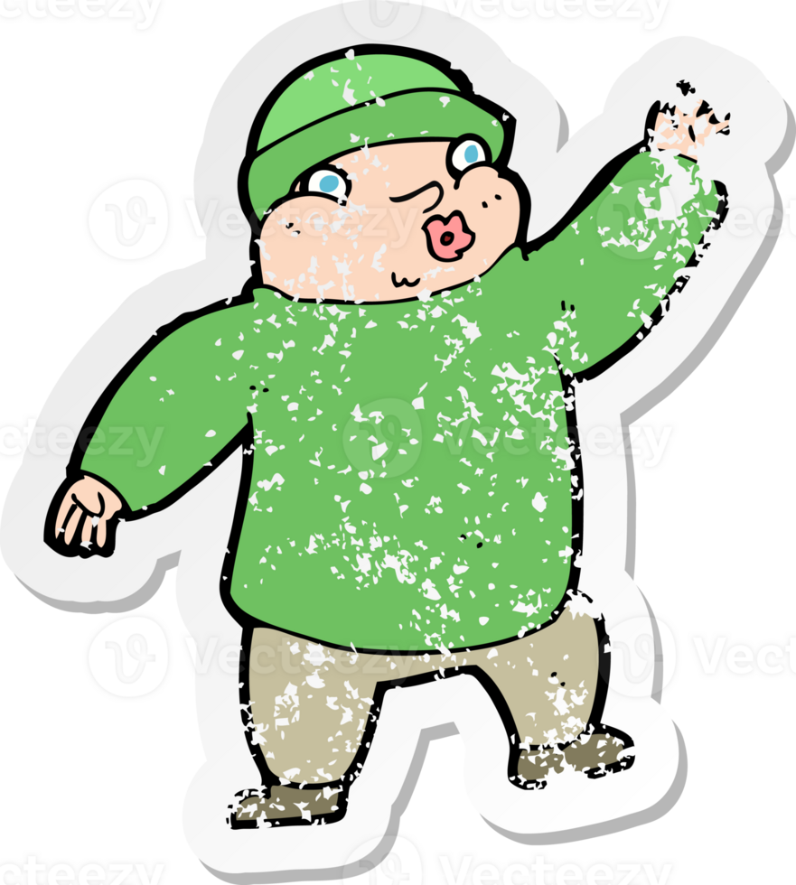 retro distressed sticker of a cartoon man in hat waving drawing png