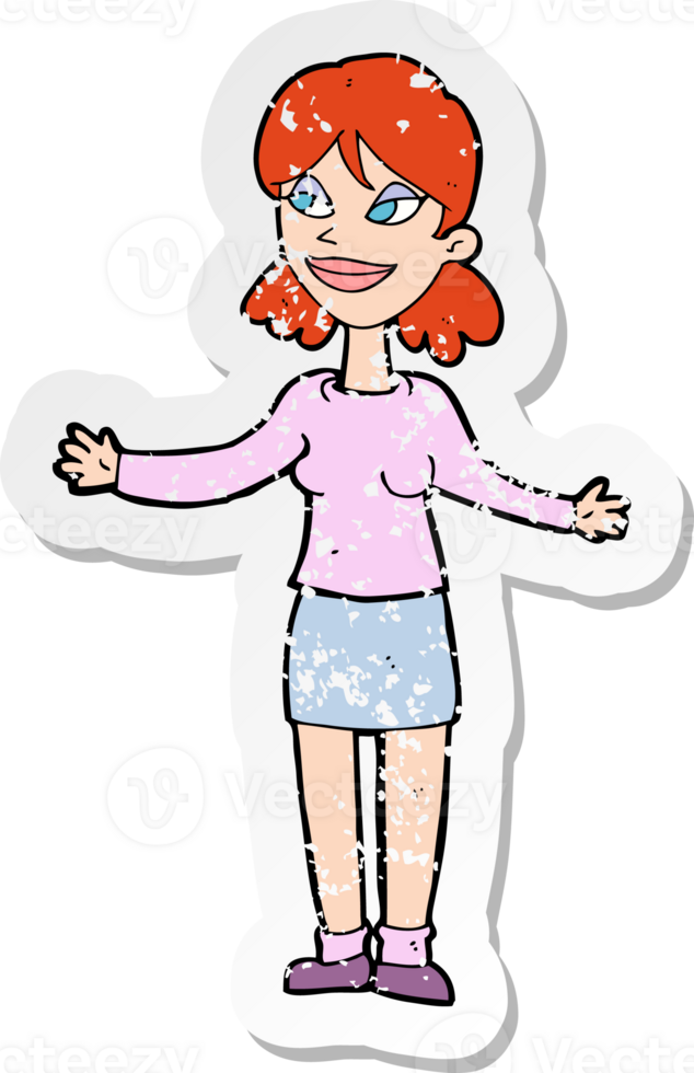 retro distressed sticker of a cartoon happy woman shruggin shoulders drawing png