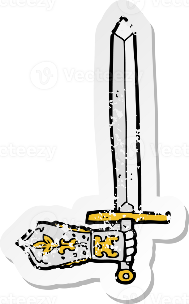 retro distressed sticker of a cartoon sword and hand drawing png