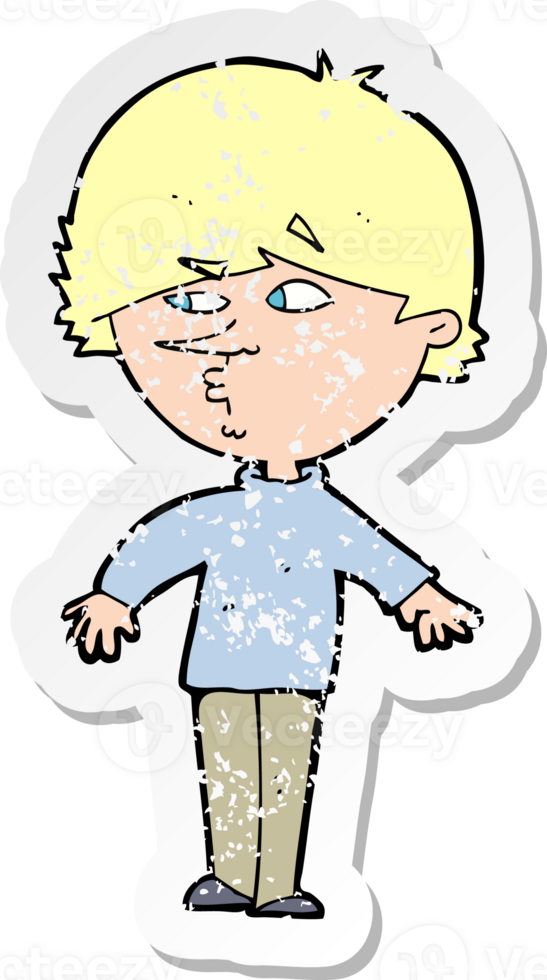 retro distressed sticker of a cartoon suspicious man looking over shoulder drawing png