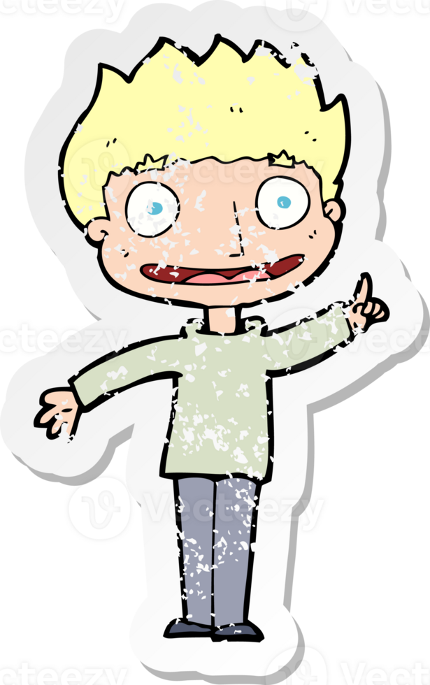 retro distressed sticker of a cartoon happy boy drawing png