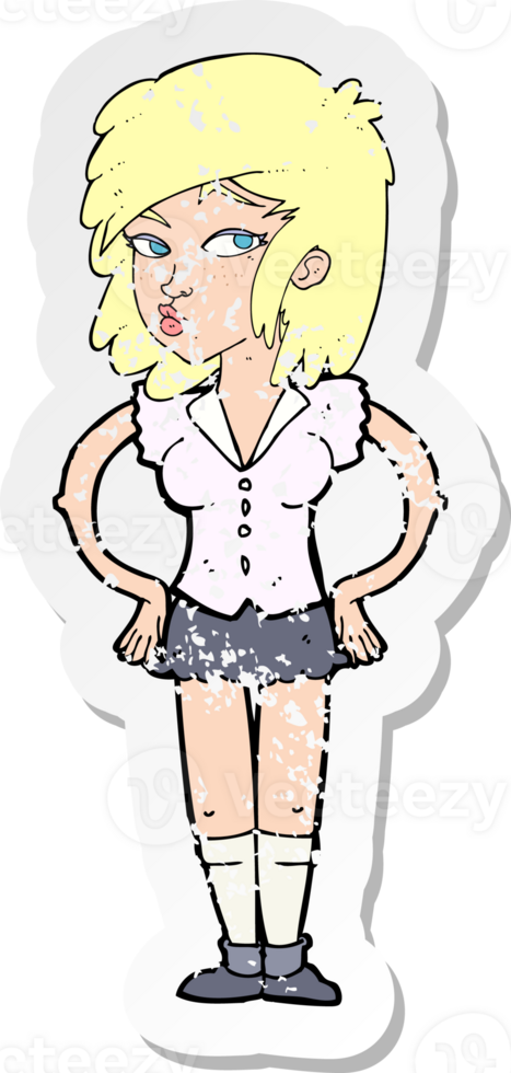 retro distressed sticker of a cartoon pretty woman with hands on hips drawing png