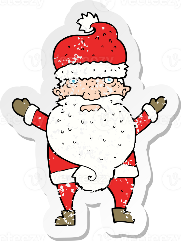 retro distressed sticker of a cartoon grumpy santa drawing png