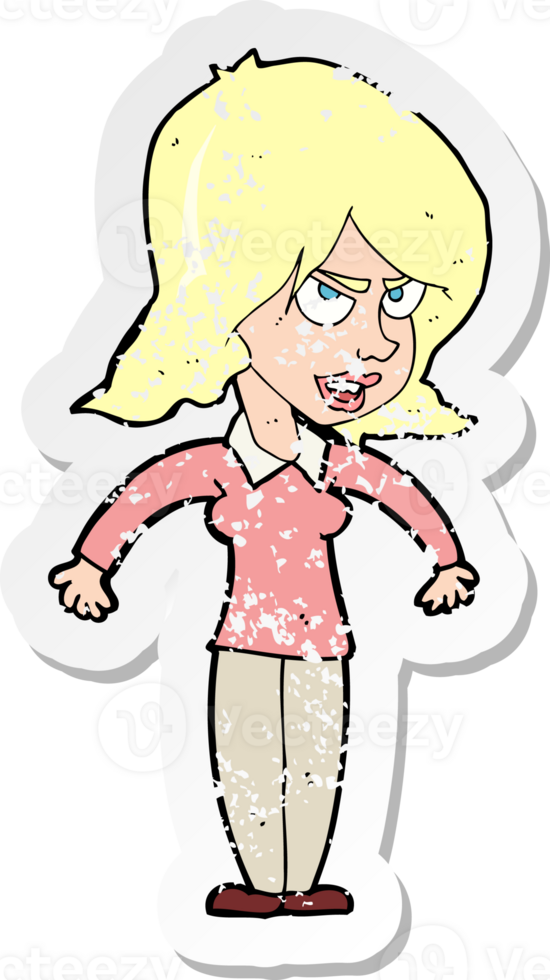 retro distressed sticker of a cartoon mean woman drawing png