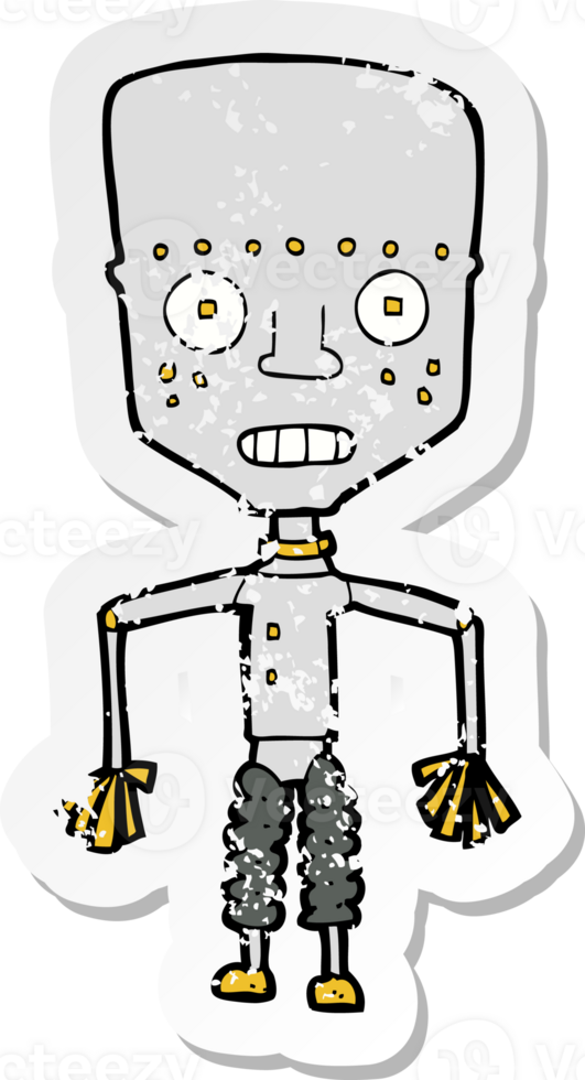 retro distressed sticker of a funny cartoon robot drawing png