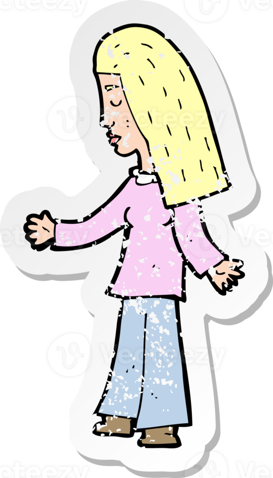 retro distressed sticker of a cartoon woman with open arms drawing png