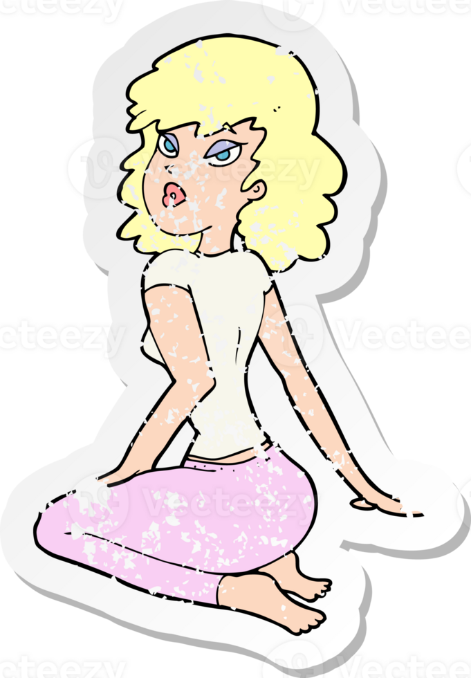 retro distressed sticker of a cartoon pretty woman drawing png