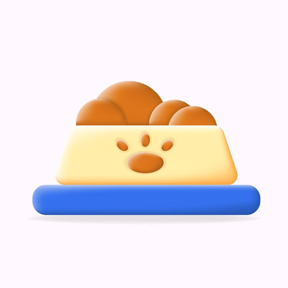 3D icon illustration pet food bowl with a paw print design, filled with food. Ideal for pet care, nutrition, and animal wellness themes vector