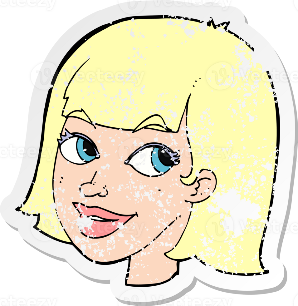 retro distressed sticker of a cartoon happy female face drawing png