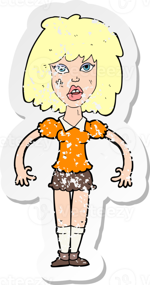 retro distressed sticker of a cartoon girl fight drawing png