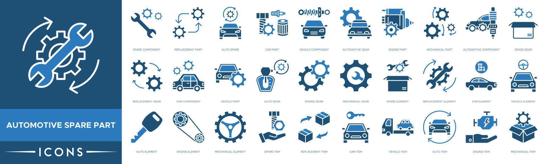 Automotive Spare Part icon. Spare Component, Replacement Part, Auto Spare, Car Part, Vehicle Component, Automotive Gear, Engine and Mechanical Part vector