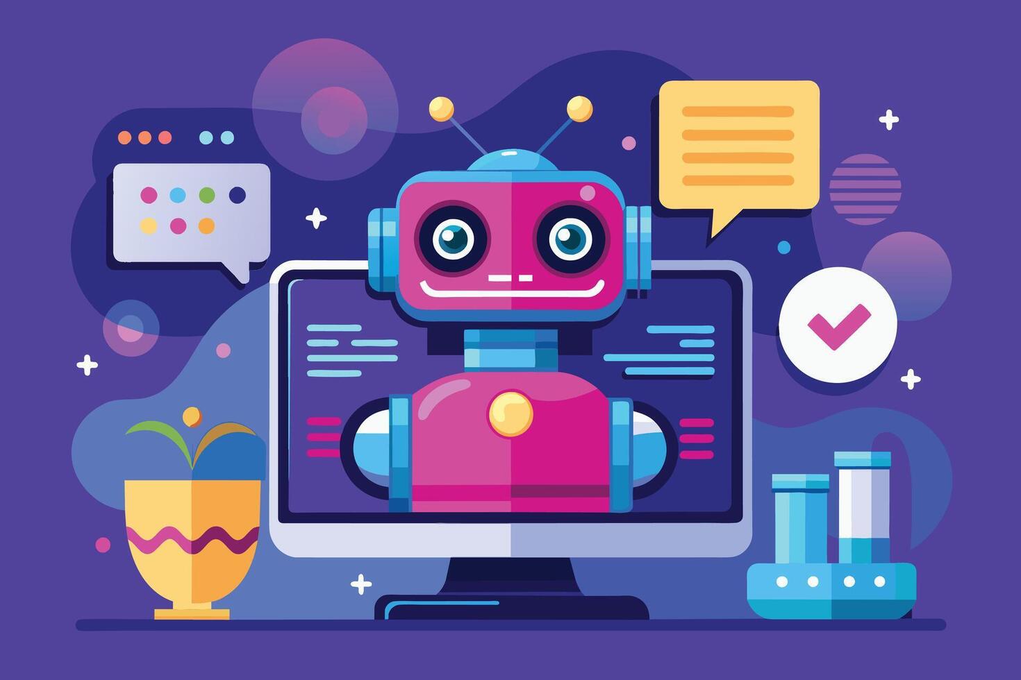 A friendly robot with a cheerful expression appears on a computer screen in a laboratory setting. There is a checkmark, suggesting the robot has completed a task. vector