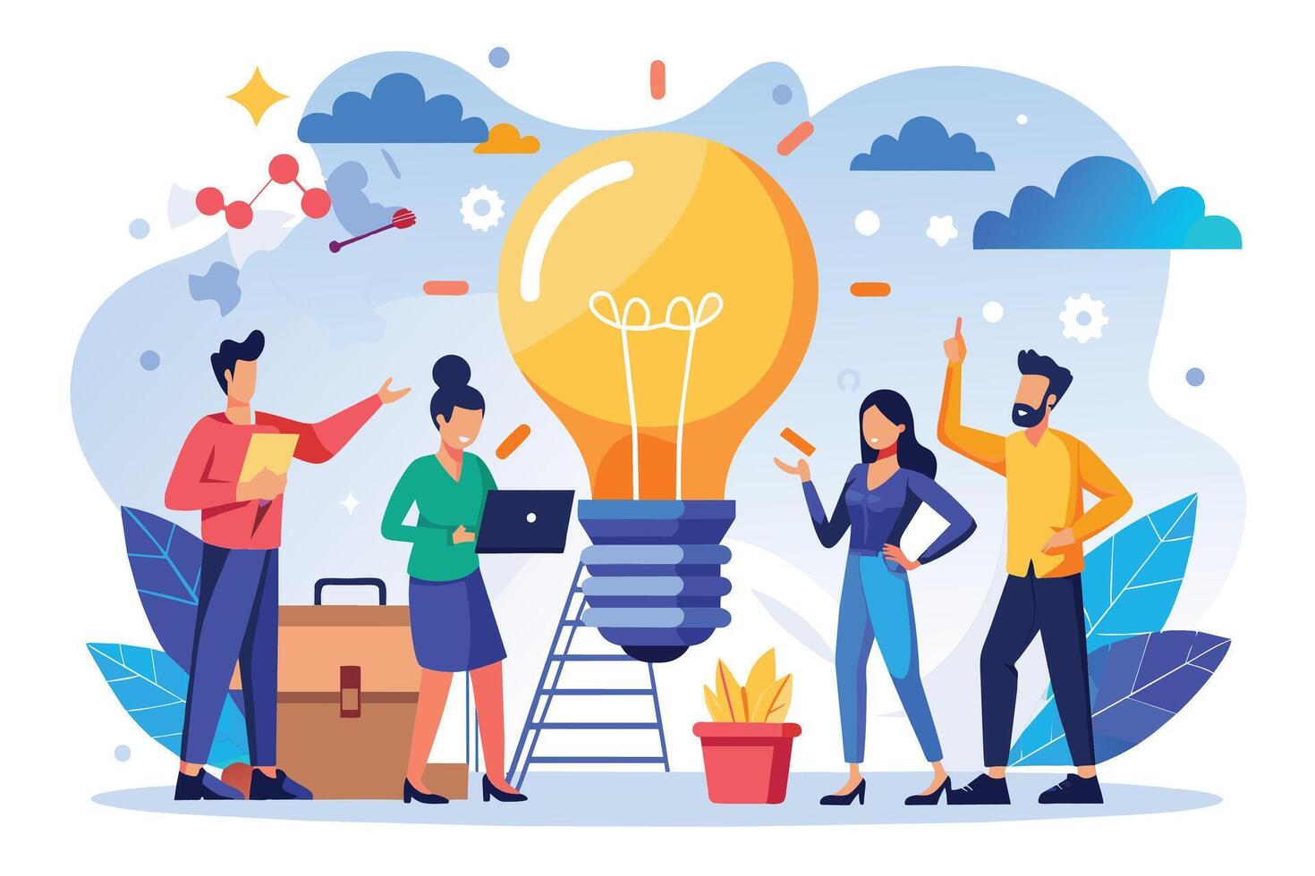 A team of four people are standing around a giant light bulb, brainstorming new ideas. They are all smiling and looking excited about the possibilities. vector