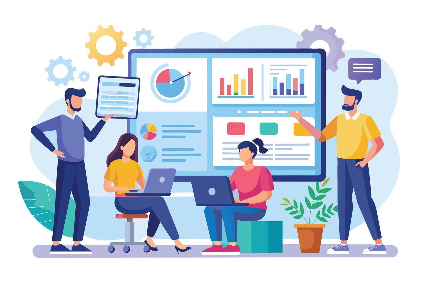 A team of four people, two men and two women, discuss data displayed on a large computer screen during a meeting. They analyze charts, graphs, and numbers to gain insights and make informed decisions. vector