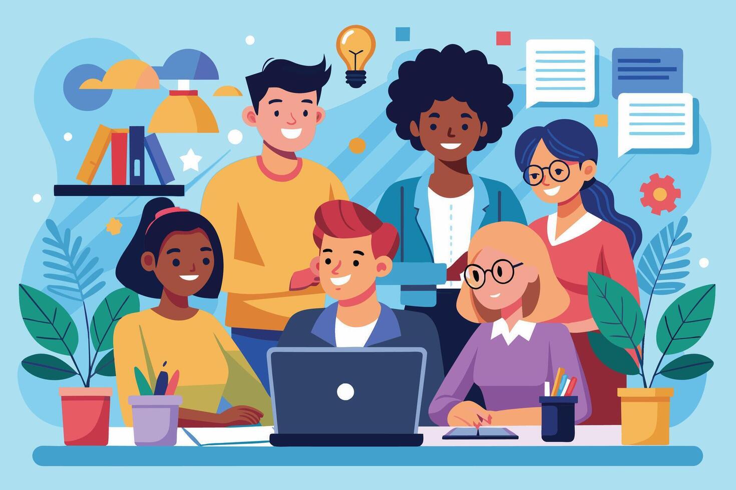 A group of diverse individuals collaborate on a laptop computer in an office setting. They are all smiling and appear to be working together effectively. vector