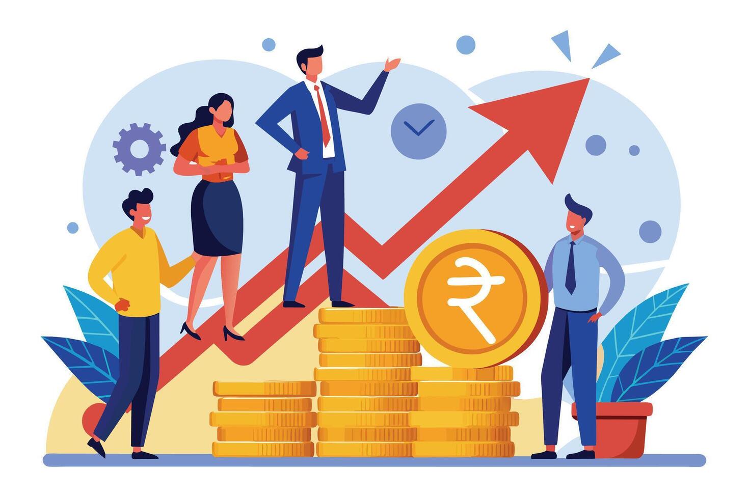 An illustration depicting a team of business professionals standing on stacks of gold coins, celebrating financial growth represented by a rising arrow and the Indian Rupee symbol. vector