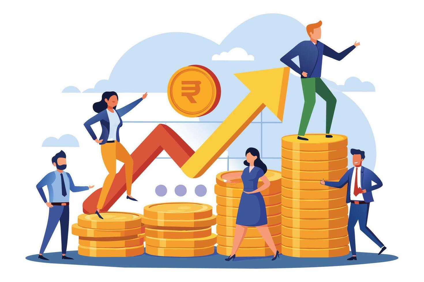 Illustration of four business professionals climbing up stacks of rupee coins, representing financial success and growth. vector