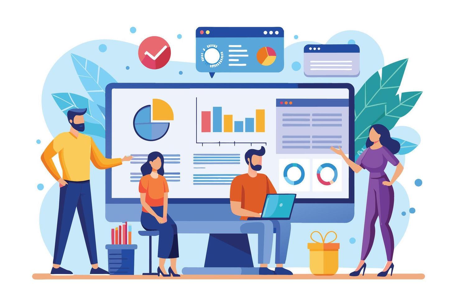 A team of four business professionals analyze data on a computer screen, with one person pointing to a chart, another typing on a laptop, and two others observing the information. vector