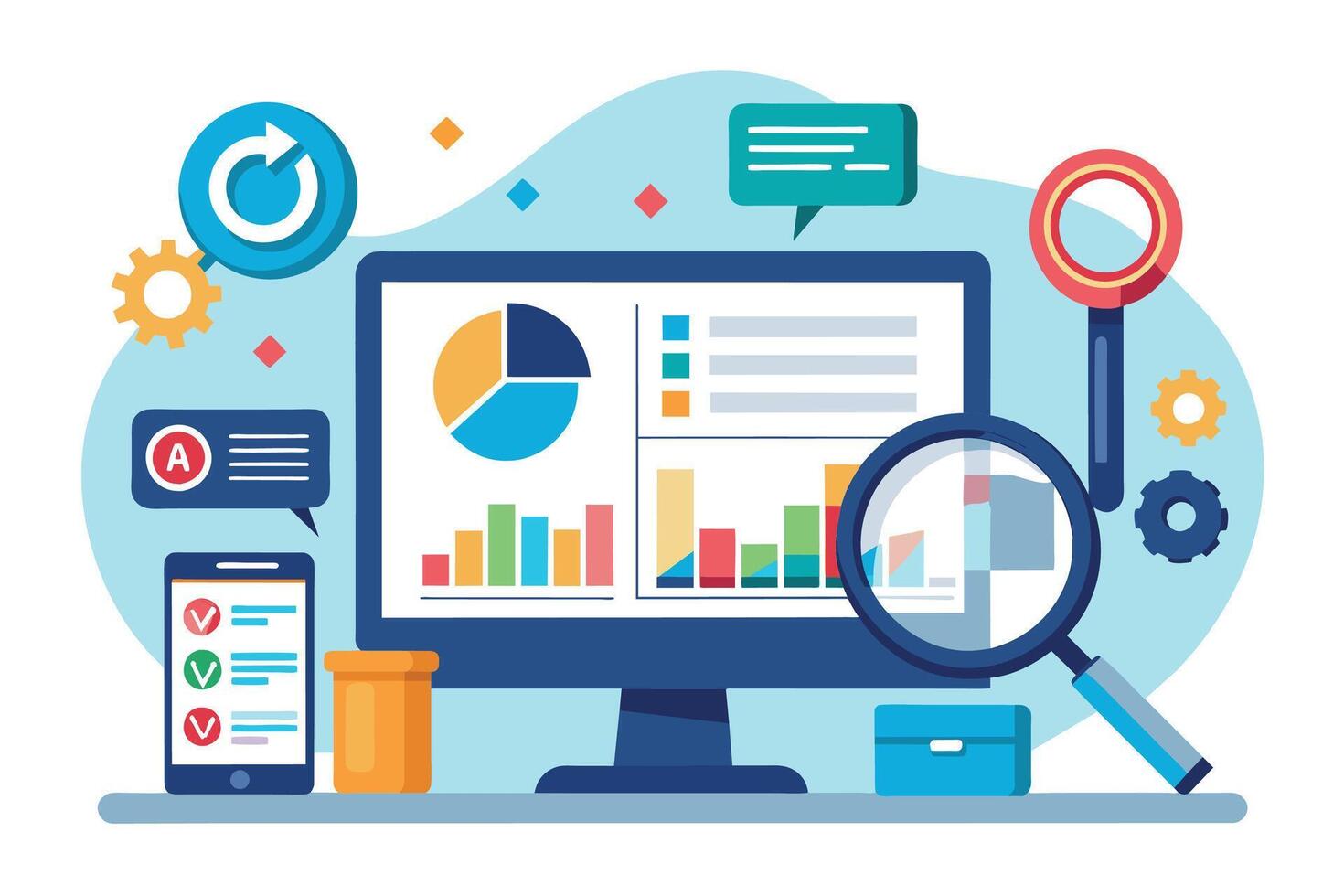 A desktop computer screen shows various business analytics data including charts, graphs, and a pie chart, with a magnifying glass hovering over the screen. vector