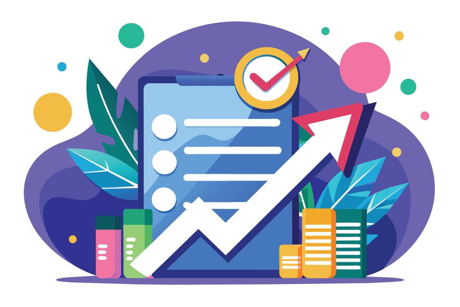 A colorful illustration of an app with a checklist and an upward trend arrow indicating growth and success. vector
