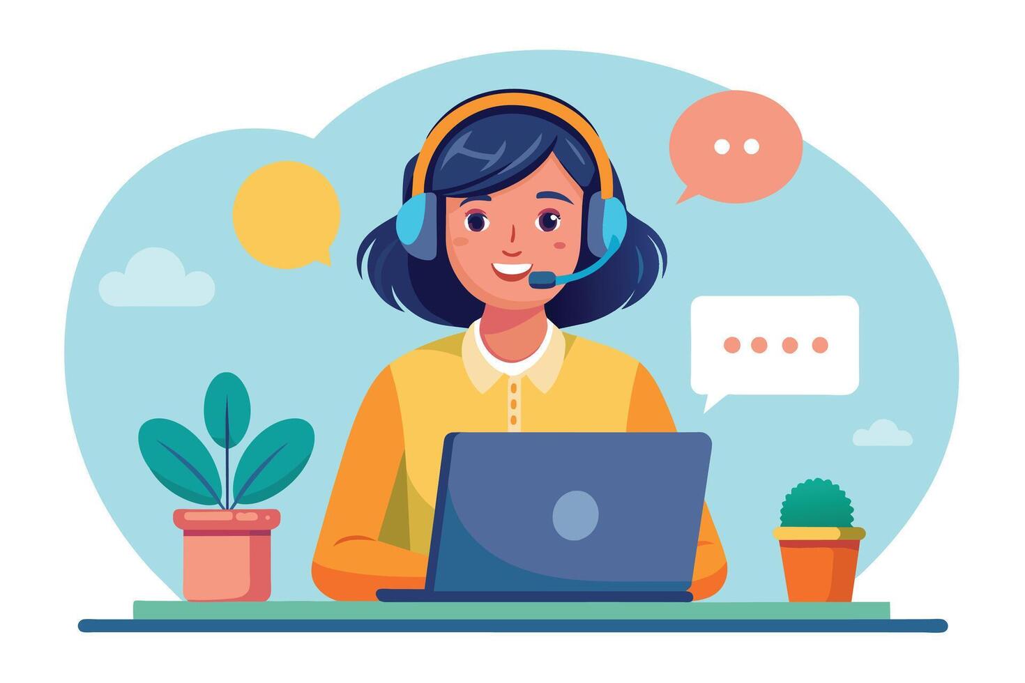 A cheerful cartoon woman wearing a headset and using a laptop is depicted in a customer service setting. She is smiling and appears to be actively engaging with a client. vector