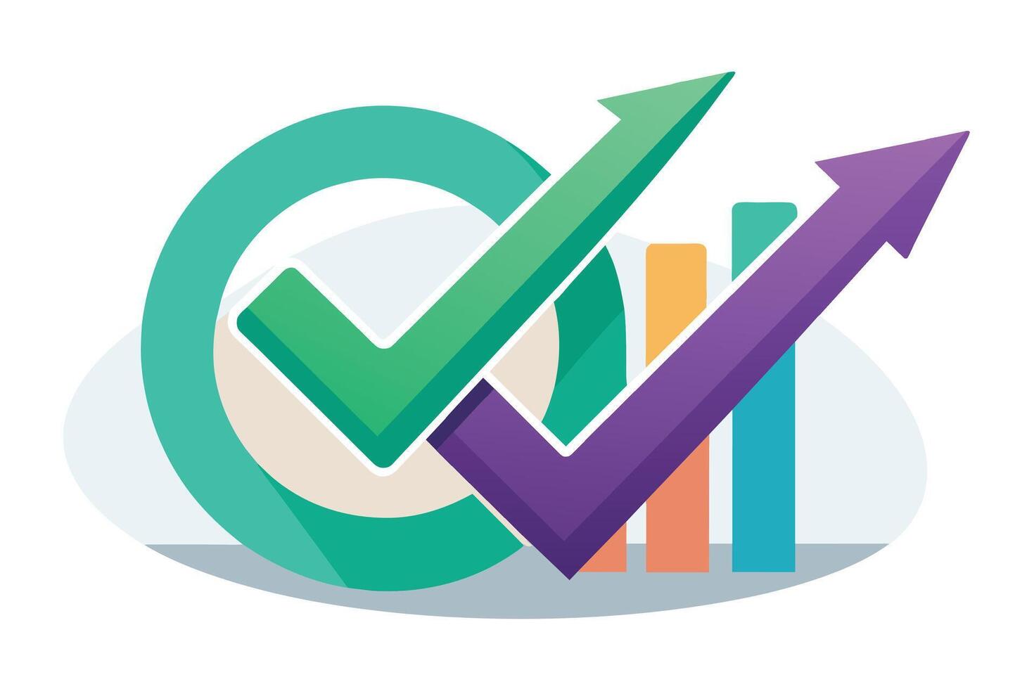 A graphic illustration of two checkmarks, one green and one purple, pointing upwards above a bar graph. The checkmarks represent approval and success. vector