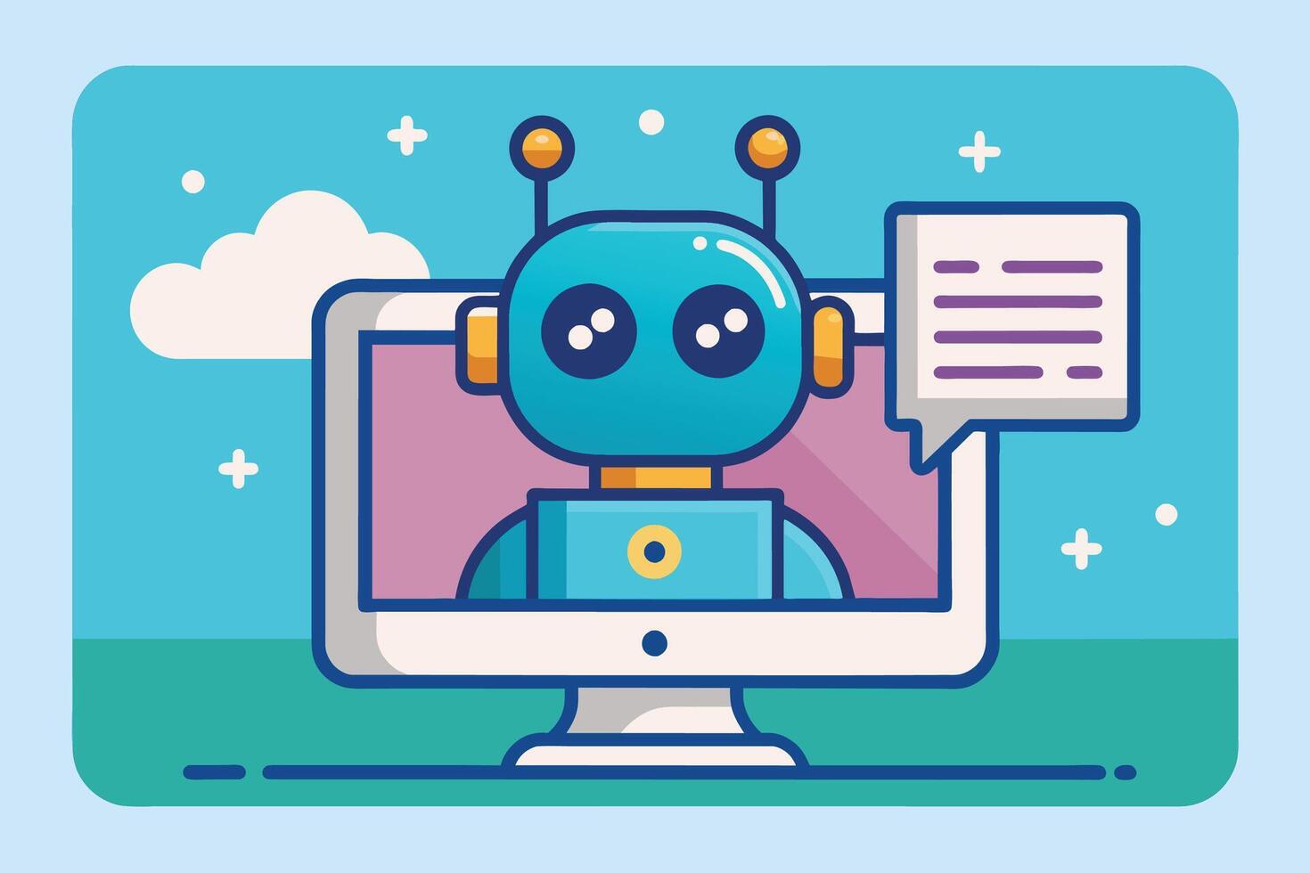 An illustration of a blue robot with antennas and large eyes, inside a computer screen, with a speech bubble containing text. vector