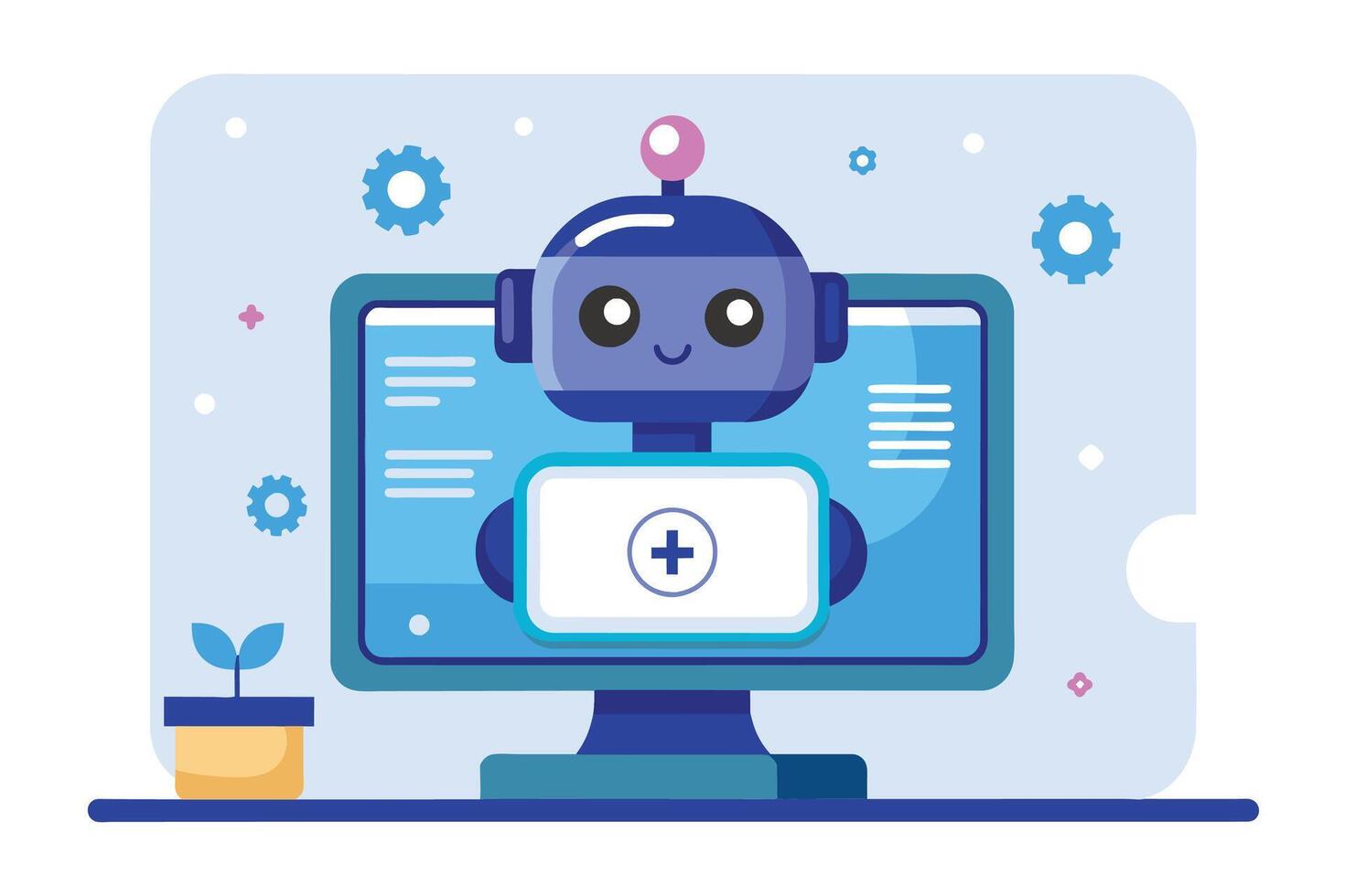A cartoon robot with a plus sign on its screen, standing on a computer monitor with a plant in a pot on the left. vector