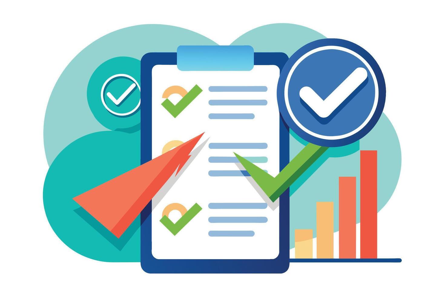 An illustration of a checklist with checkmarks and a bar graph depicting progress. vector