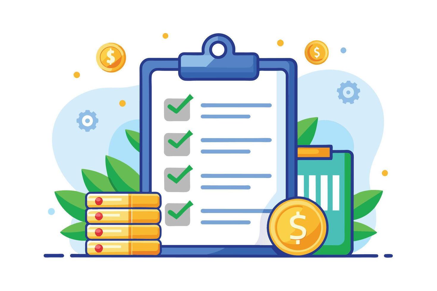 Illustration of a completed checklist with a stack of gold coins and green leaves. vector