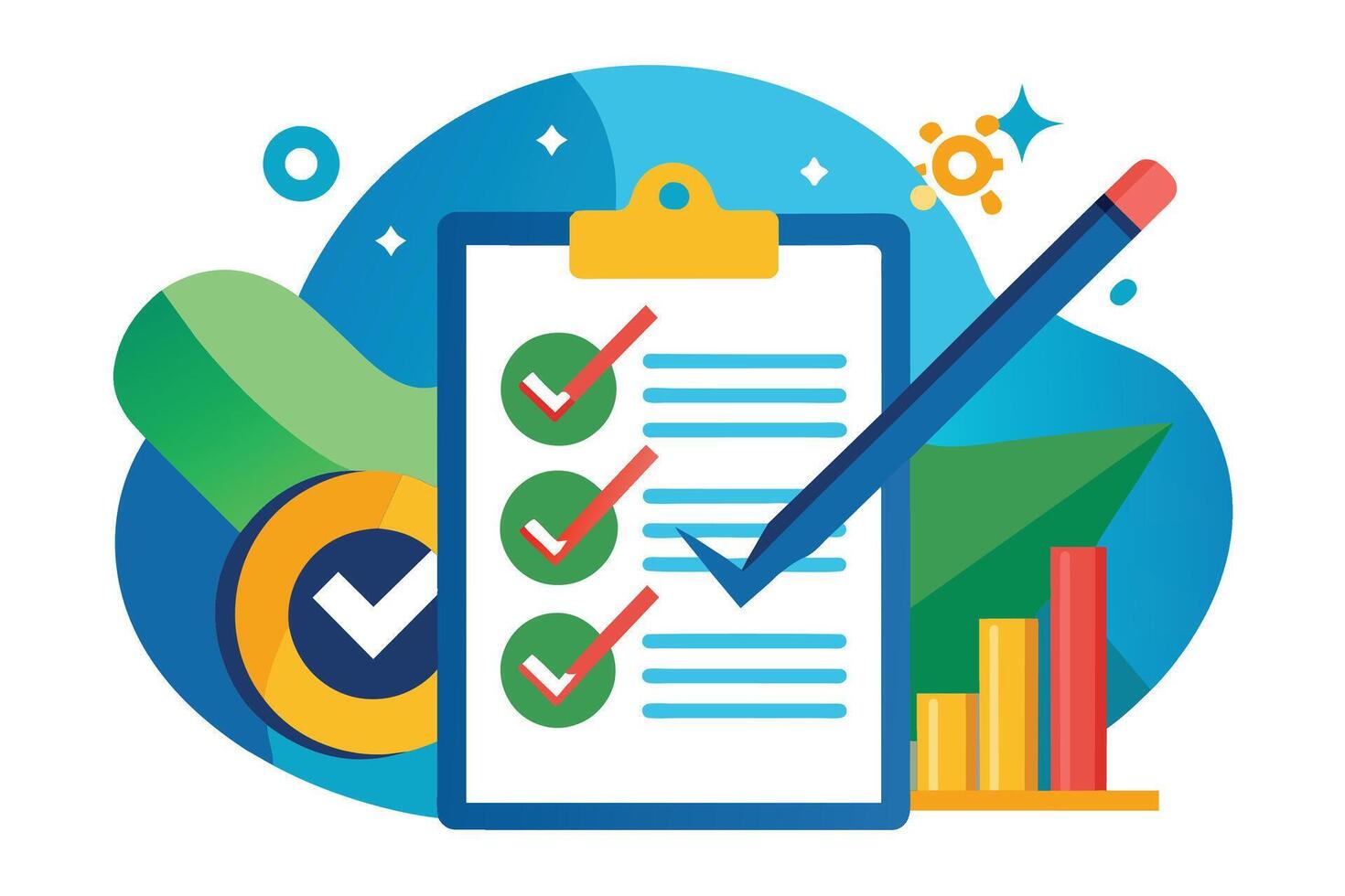 An illustration depicting a checklist with checkmarks, a blue pencil, and a growing bar chart, suggesting successful completion and positive growth. vector