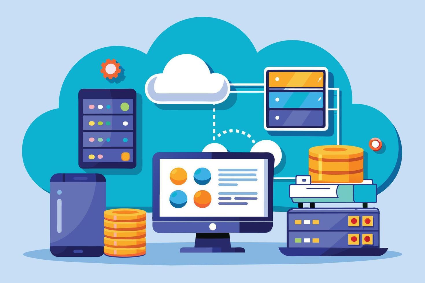 Illustration depicting several digital devices, including a desktop computer, a smartphone, and servers, connected to a cloud computing system. vector
