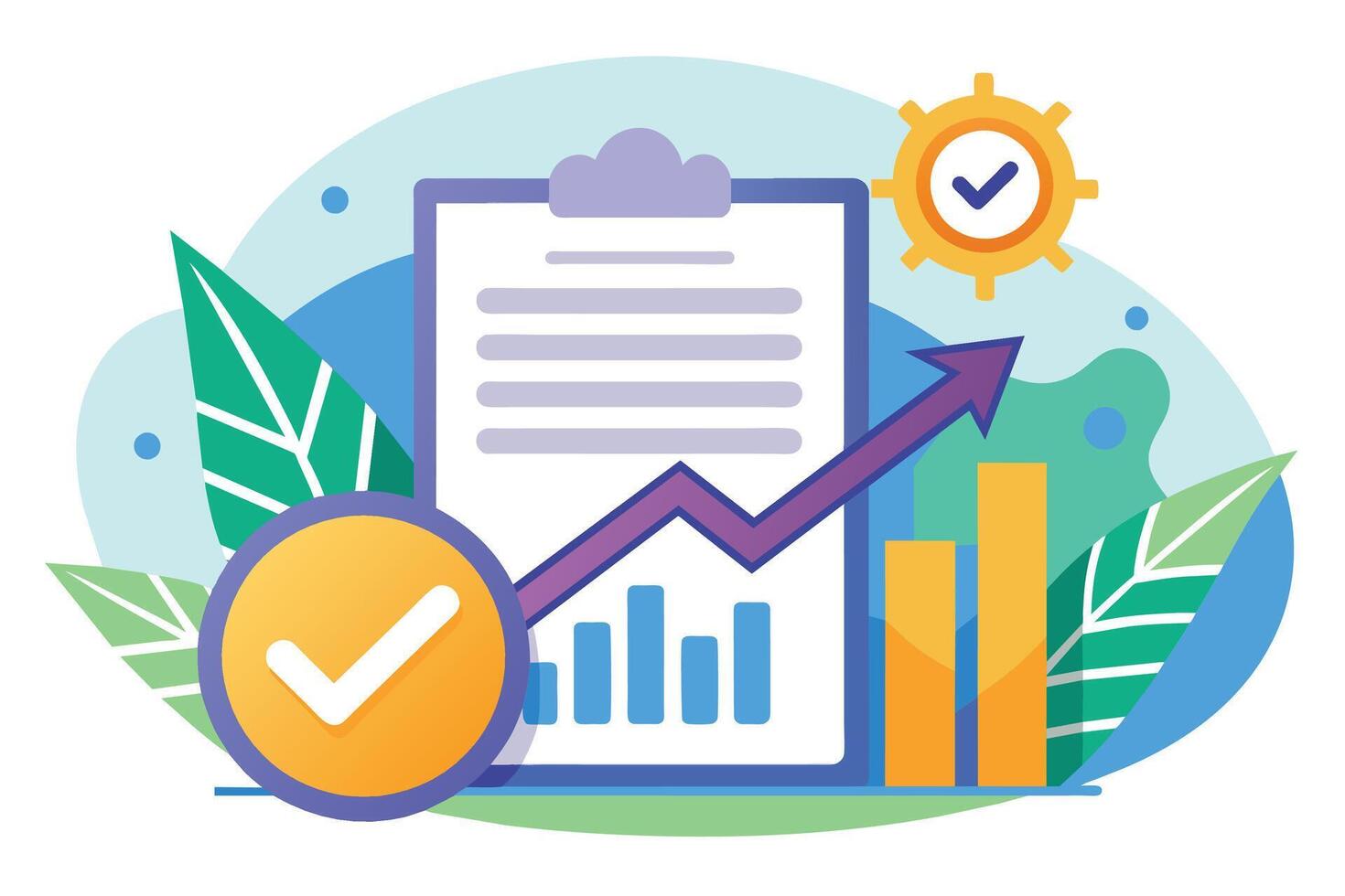 An illustration depicting a successful business growth strategy checklist. It includes a clipboard with a checklist, a checkmark, a bar graph, an upward arrow, and leaves. vector