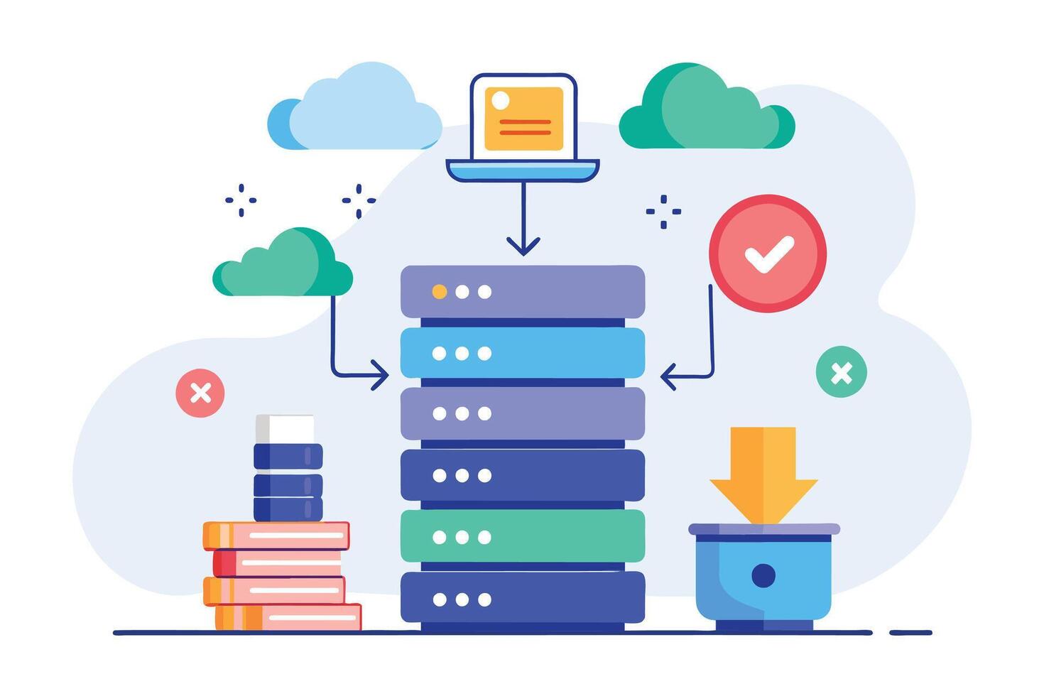 An illustration depicting secure data transfer between a cloud and a server. The illustration features a server with multiple data stacks and a download icon. vector